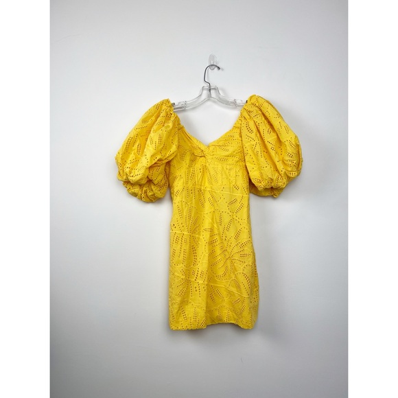 NWT Farm Rio Yellow Monstera Eyelet Short Sleeve Mini Dress S - Picture 2 of 7